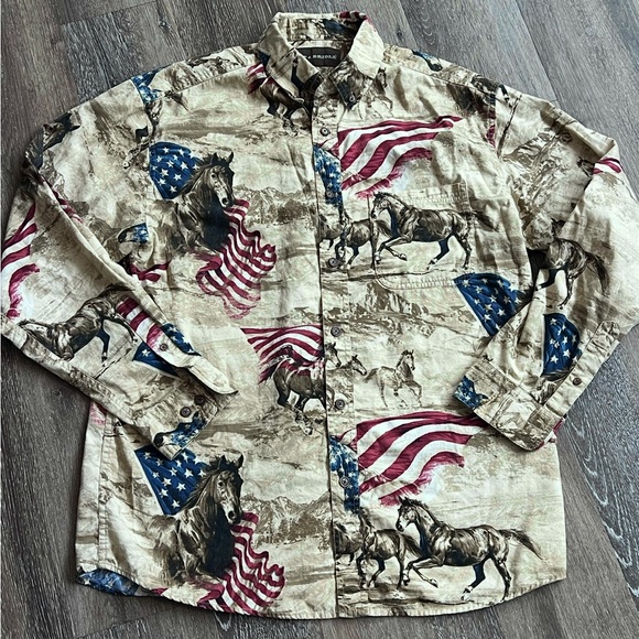 Bit & Bridle Men's Patriotic Horse Print Shirt - Beige and Blue - Picture 1 of 5